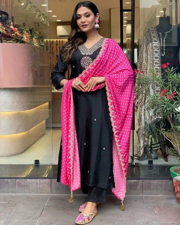 DC G66 Satin Silk Embroidery Kurti With Bottom Dupatta Wholesalers In Surat
